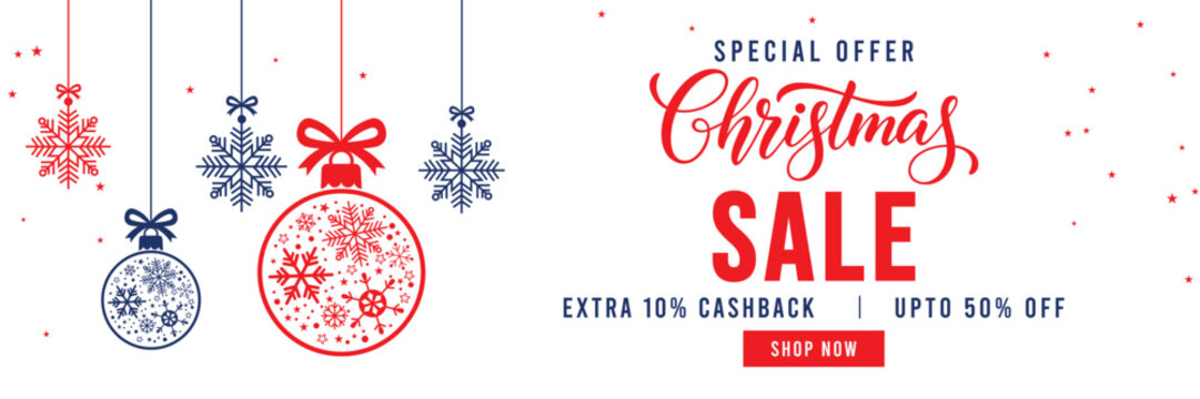 Christmas Sale banner with special offer text, cashback and discount percentages, and hanging red and blue snowflake ornaments and baubles. Ideal for seasonal marketing, holiday shopping, and web head