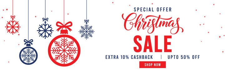 Christmas Sale banner with special offer text, cashback and discount percentages, and hanging red and blue snowflake ornaments and baubles. Ideal for seasonal marketing, holiday shopping, and web head