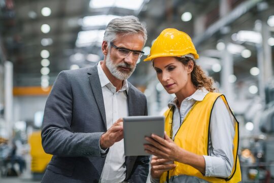 Engineers discussing factory operations on a tablet