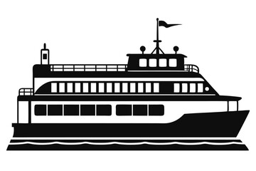 Obraz premium Black silhouette outlines a ferry boat cruising smoothly on water, creating a crisp, bold monochrome