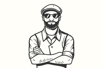 Bearded man in cap and sunglasses stands with arms crossed in monochrome style