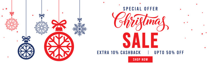 Christmas Sale banner with special offer text, cashback and discount percentages, and hanging red and blue snowflake ornaments and baubles. Ideal for seasonal marketing, holiday shopping, and web head © bibin