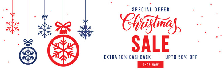 Christmas Sale banner with special offer text, cashback and discount percentages, and hanging red and blue snowflake ornaments and baubles. Ideal for seasonal marketing, holiday shopping, and web head © bibin
