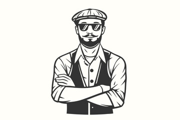 Bearded man in vest and cap with sunglasses crosses arms confidently while standing