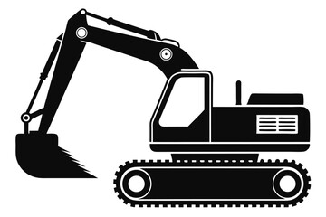A solid black excavator is illustrated with tracks and a large scoop bucket visible