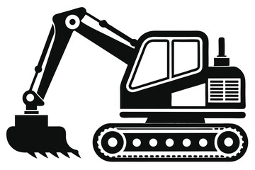 Excavator silhouette shows a robust machine design in black and white