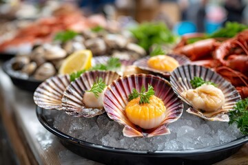 Fresh scallops with roe on ice at seafood market
