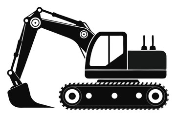 Black excavator machine showcased with bucket and track details in a clear side view