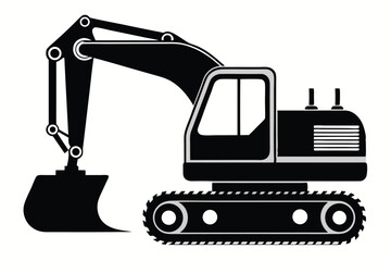 Excavator silhouette in black showcases heavy construction machinery with hydraulic arm and bucket detail