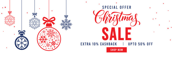 Christmas Sale banner with special offer text, cashback and discount percentages, and hanging red and blue snowflake ornaments and baubles. Ideal for seasonal marketing, holiday shopping, and web head