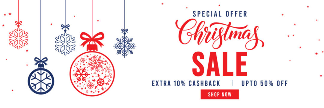 Christmas Sale banner with special offer text, cashback and discount percentages, and hanging red and blue snowflake ornaments and baubles. Ideal for seasonal marketing, holiday shopping, and web head