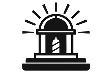 Monochrome shows a lighthouse with visible light rays on a white background