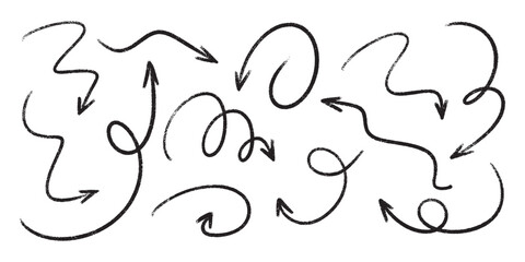 Arrow crayon hand drawn brush vector set with chalk and pencil line icons. Sketch scribble rough doodle stroke elements in marker style. Fun grunge pastel texture with handwritten kid charcoal design