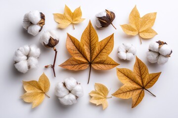 The arrangement of natural cotton and dried leaves on a white background embodies the essence and creativity of autumn