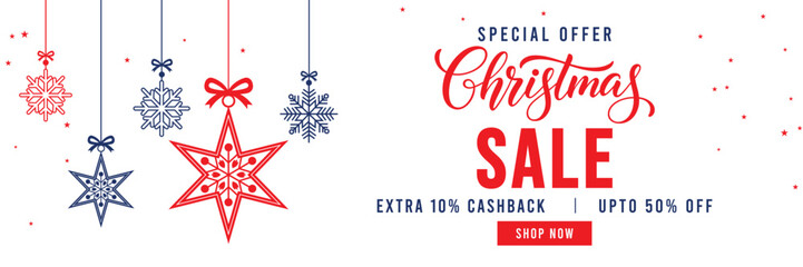 Christmas Sale banner with special offer text, cashback and discount percentages, and hanging red and blue snowflake ornaments and baubles. Ideal for seasonal marketing, holiday shopping, and web head © bibin