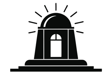 Simple black silhouette shows a lighthouse shining light on a clean, white backdrop