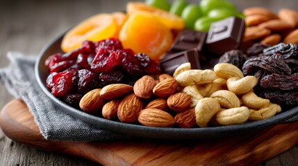 Trail mix bowl with almonds cashews dried apricots cranberries and chocolate