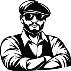 Bearded man in cap and sunglasses stands confidently with crossed arms, rendered in black and white