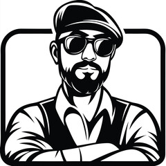 Bearded man in cap and sunglasses stands confidently with crossed arms within a frame