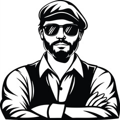 Bearded man wearing sunglasses and a newsboy cap crosses his arms confidently