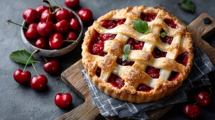 Homemade cherry pie with lattice crust baked fresh
