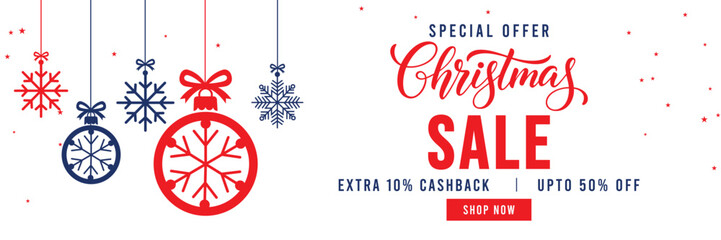Christmas Sale banner with special offer text, cashback and discount percentages, and hanging red and blue snowflake ornaments and baubles. Ideal for seasonal marketing, holiday shopping, and web head © bibin