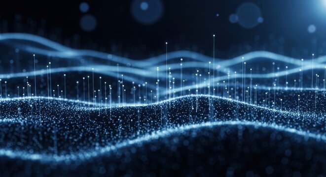 Abstract data visualization background with glowing particles and waves