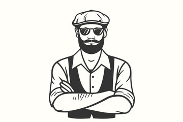 Bearded Caucasian man confidently poses wearing glasses and a newsboy cap with folded arms