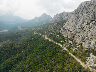 Fototapeta premium Atmospheric mountain landscape captured from above, featuring pine forest and rocky ridges. Soft haze and muted light create a calm, natural mood