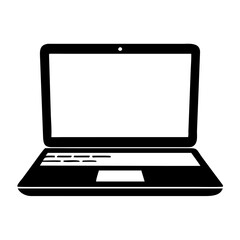 Simple black icon of an open laptop computer with an empty screen, symbolizing modern technology, remote work, and digital connectivity