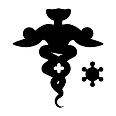Medical caduceus symbol depicted with a virus icon, signifying health, illness, and the ongoing fight against pathogens, presented as a stark black silhouette on a clean