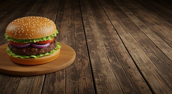 Delicious Hamburger Served on Wood Surface with Fresh Ingredients