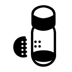 A minimalist black and white icon depicting a classic salt or pepper shaker, with a portion of the lid removed to show the dispensing holes, symbolizing seasoning, flavor, and culinary preparation