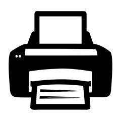 Black and white icon of a printer with paper being fed through, representing printing, office work, and document management