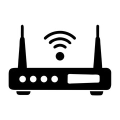 Simple black silhouette of a wireless router with antennas and a wifi symbol, illustrating home networking and digital communication