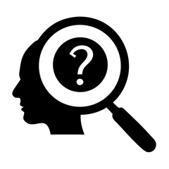 A black silhouette of a human head in profile with a magnifying glass over the temple, revealing a question mark, symbolizing introspection, inquiry, and the search for understanding