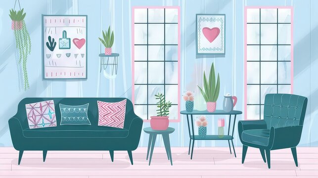Cozy living room illustration with sofa, chairs, and home decor, pastel interior artwork for lifestyle designs, home decor branding, interior inspiration graphics