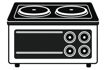 Black and white stove with two hotplates and four dials presents a clean kitchen appliance