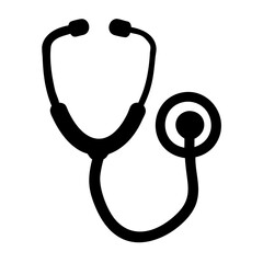 A minimalist black icon representing a stethoscope, a fundamental piece of medical equipment for auscultation and diagnosis in healthcare settings, symbolizing health, medicine, and patient care
