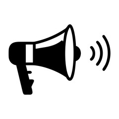 A minimalist black megaphone icon with sound waves emanating from its horn, symbolizing important announcements, public address, communication, or marketing campaigns, presented clearly