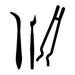 Black silhouettes of precision tools a curved knife, a straightbladed instrument, and forceps, these essential implements are suitable for medical, crafting, or laboratory work