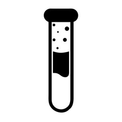 A black and white icon depicting a test tube filled with a bubbling liquid, representing scientific research, laboratory experiments, and chemical analysis