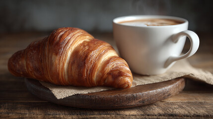 A steaming cup of coffee next to a flaky croissant on a wooden plate, evoking warmth and comfort
