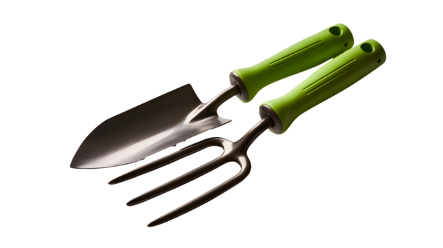 Gardening tools including a trowel and hand fork with bright green handles isolated on transparent background