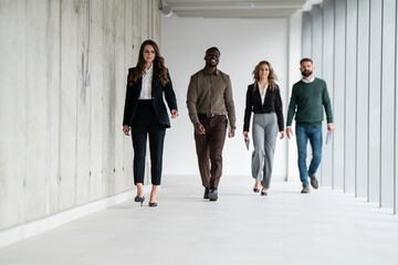 Business people team walking in modern office corridor