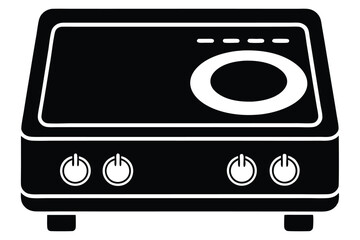 Countertop hot plate features a rounded white heating element and circular power switches