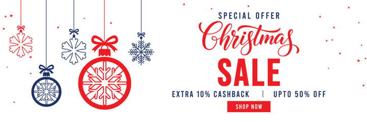 Christmas Sale banner with special offer text, cashback and discount percentages, and hanging red and blue snowflake ornaments and baubles. Ideal for seasonal marketing, holiday shopping, and web head © bibin