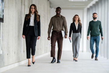 Diverse business professionals walking in modern office hallway