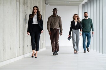 Diverse business team walking through modern office corridor