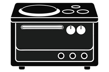 Black and white depicts a stove with round control knobs and burners